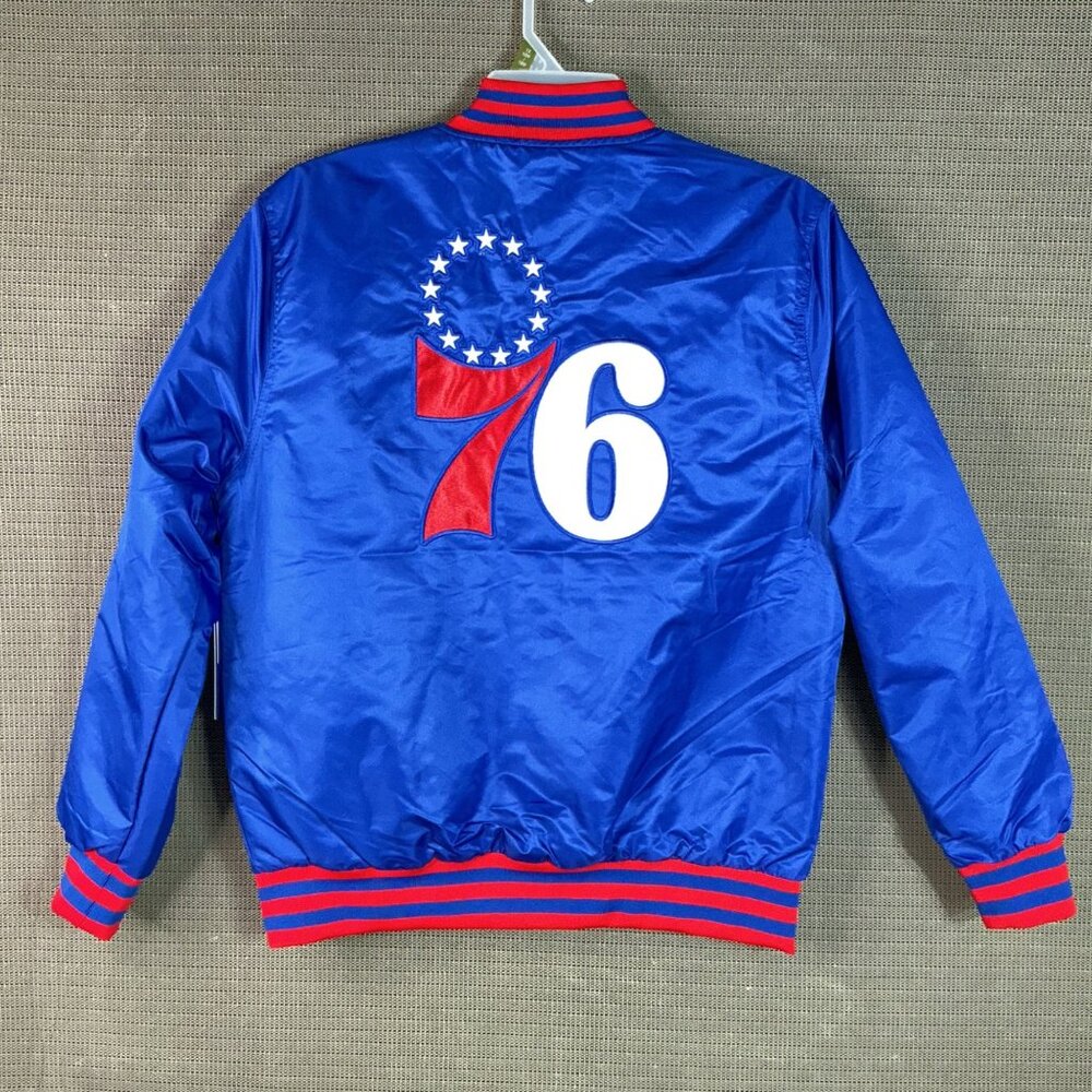 Philadelphia 76ers Ultra Game NBA Mens Sz M Blue Red Satin Bomber Jacket